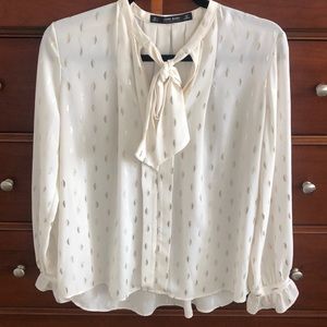 Zara Cream Tie Neck Blouse with Gold Paisley
